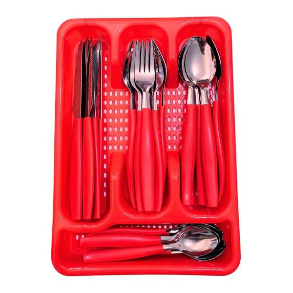 Imagem de Kit 96 Talheres Berlim Aço Inox Vermelho C/ 4 Porta Talheres