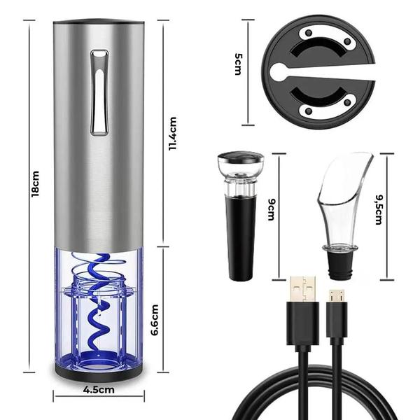 Imagem de Kit Abridor De Garrafa Elétrico Usb Inox Saca Rolha Vinho