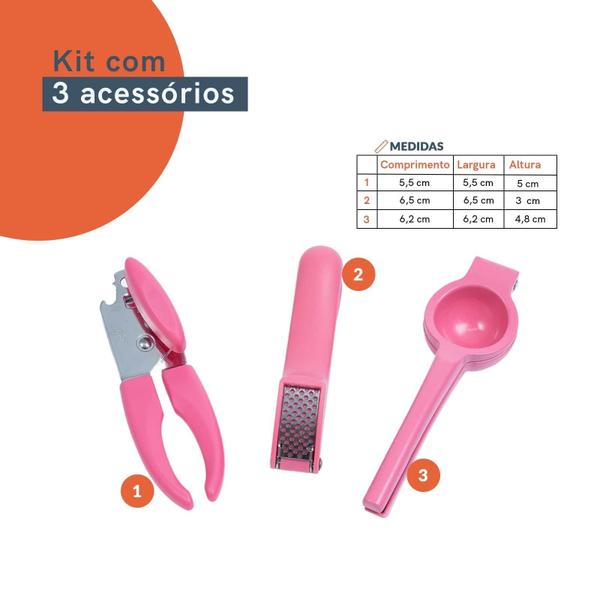 Imagem de Kit Abridor De Lata Espremedor De Alho E Limão Rosa - Oikos