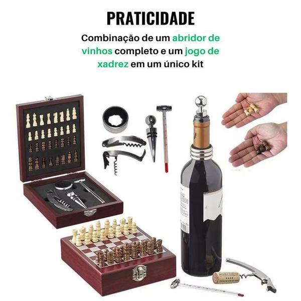 Imagem de Kit Abridor Vinho Jogo Xadrez Acessórios Garrafas Corta