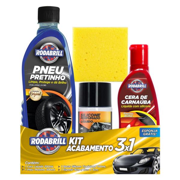 Imagem de Kit Acabamento Para Carro 3x1 C/ Cera Líquida Pneu Pretinho Bucas De Silicone e Esponja Rodabrill