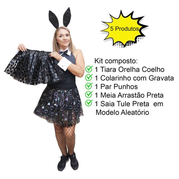 Imagem de Kit Acessório Fantasia Coelha: Saia Tule + Meia Arrastão + Orelhas + Colarinho + Punhos = 5 Produtos