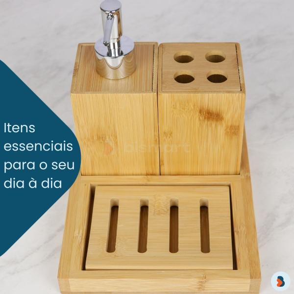 Imagem de Kit Acessório Para Banheiro Conjunto de 4 Peças para Lavabo Completo Moderno em Bambu