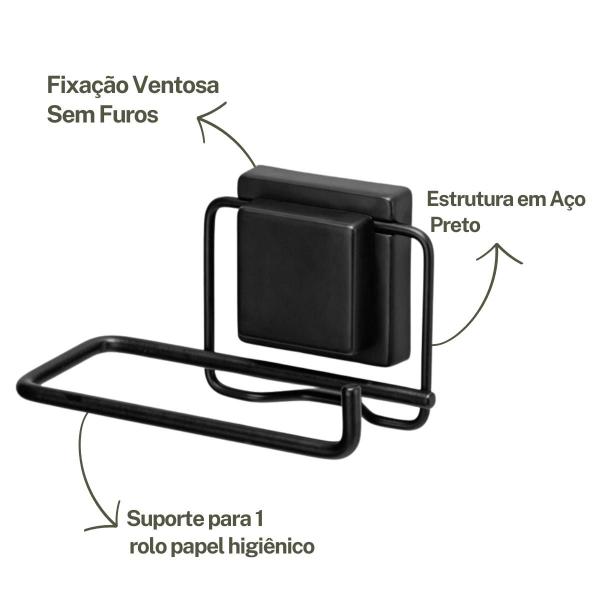 Imagem de Kit Acessórios 4 Peças Banheiro Papeleira Higiênico Gancho Toalha Aço Preto Fixação Ventosa Arthi