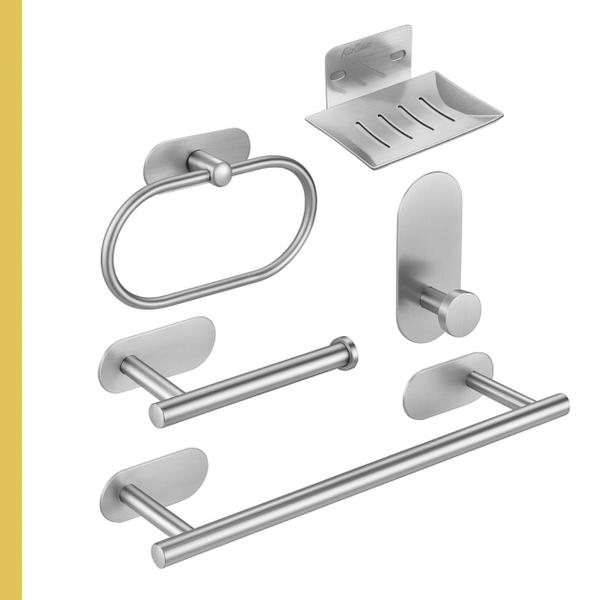 Kit Acessórios Banheiro Lavabo Aço Inox Autoadesivo Com 5 Peças Cor Inox e Preto Fosco - Iwmabru
