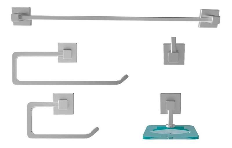 Imagem de Kit Acessórios Banheiro Metal 5 Peças Luxo Quadrado Polido