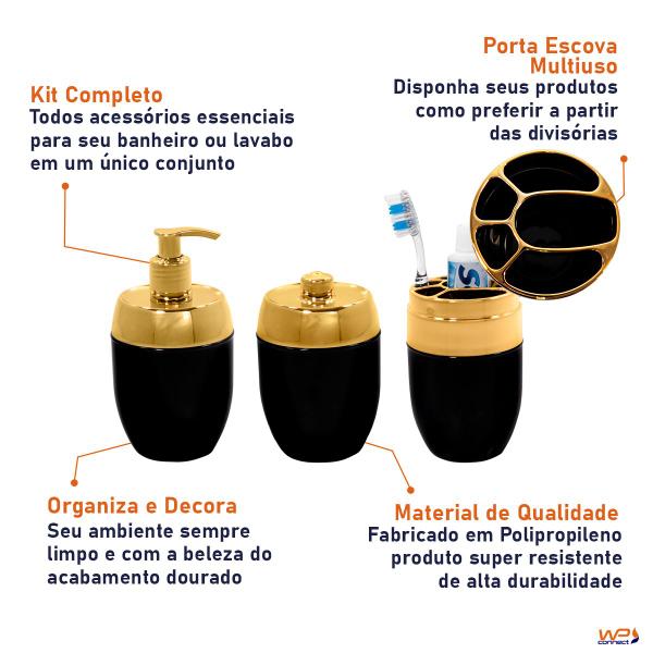 Imagem de Kit Acessórios Banheiro Porta Escova Sabonete Algodão Preto Dourado