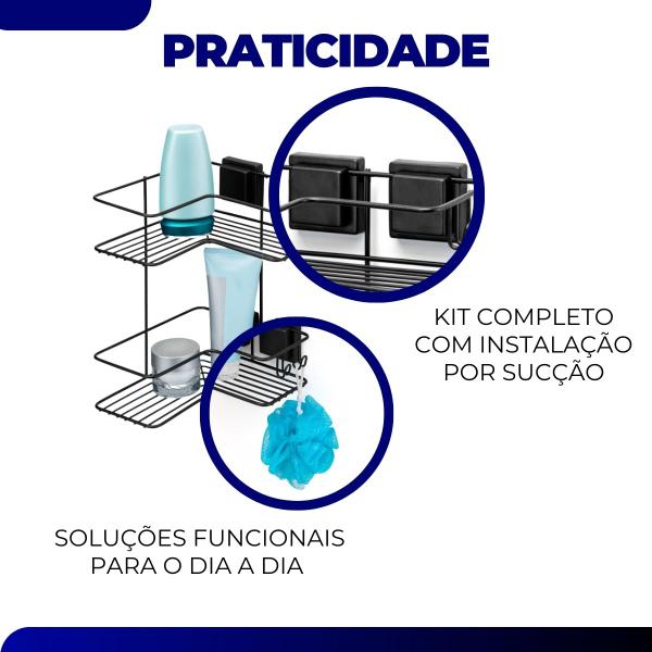 Kit Acessorios Banheiro Porta Shampoo Gancho Papel Saboneteira Ventosa Preto Sem Furo Black Luxo Arthi - ABCompras Imagem de Kit Acessorios Banheiro Porta Shampoo Gancho Papel Saboneteira Ventosa Preto Sem Furo Black Luxo Arthi