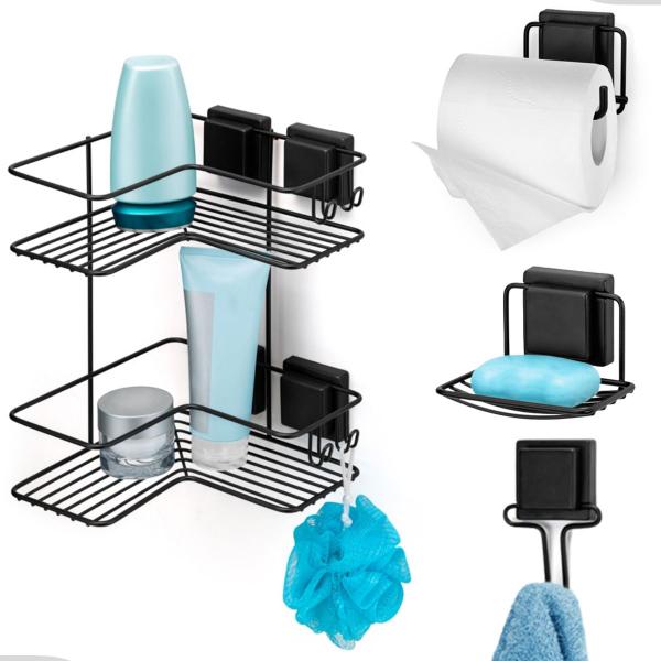 Kit Acessorios Banheiro Porta Shampoo Gancho Papel Saboneteira Ventosa Preto Sem Furo Black Luxo Arthi - ABCompras Imagem de Kit Acessorios Banheiro Porta Shampoo Gancho Papel Saboneteira Ventosa Preto Sem Furo Black Luxo Arthi