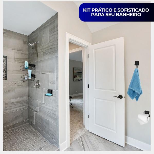 Kit Acessorios Banheiro Porta Shampoo Gancho Papel Saboneteira Ventosa Preto Sem Furo Black Luxo Arthi - ABCompras Imagem de Kit Acessorios Banheiro Porta Shampoo Gancho Papel Saboneteira Ventosa Preto Sem Furo Black Luxo Arthi