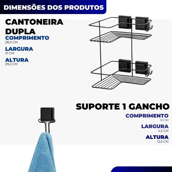 Imagem de Kit Acessorios Banheiro Porta Shampoo Gancho Papel Saboneteira Ventosa Preto Sem Furo Black Luxo Arthi