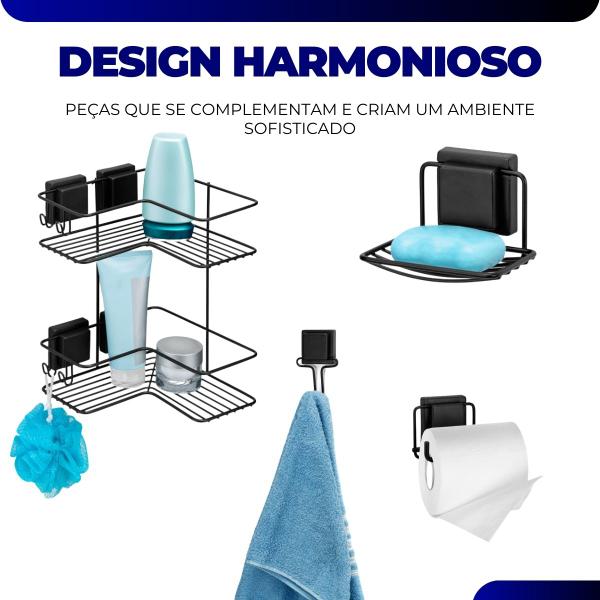 Kit Acessorios Banheiro Porta Shampoo Gancho Papel Saboneteira Ventosa Preto Sem Furo Black Luxo Arthi - ABCompras Imagem de Kit Acessorios Banheiro Porta Shampoo Gancho Papel Saboneteira Ventosa Preto Sem Furo Black Luxo Arthi