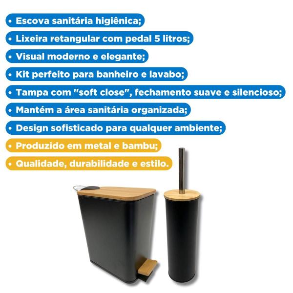 Imagem de Kit Acessórios Banheiro Preto Com Bambu Lixeira 5 Litros Pedal Escova Sanitária Com Tampa Moderno