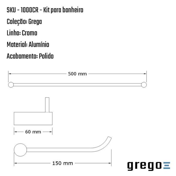 Kit Acessórios Cromo Para Banheiro Metal Polido Grego - Grego Metal Imagem de Kit Acessórios Cromo Para Banheiro Metal Polido Grego