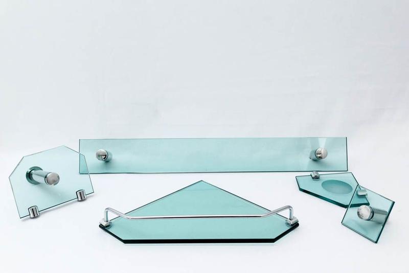 Imagem de Kit acessórios de banheiro 5 peças em vidro translúcido 8mm - modelo de canto