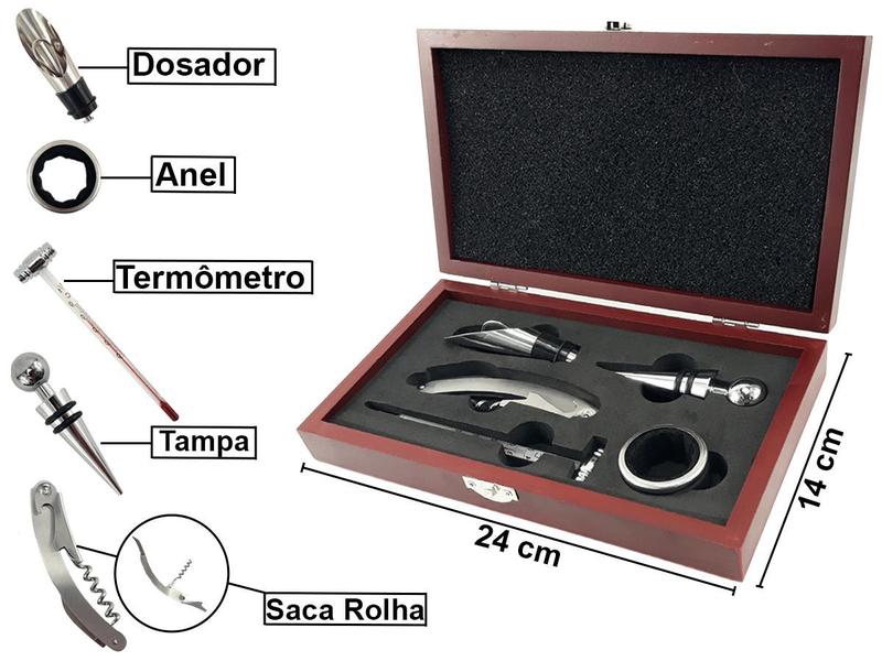 Imagem de Kit Acessórios De Vinho 5  Peças Dosador Saca Rolha Com Caixa de Madeira