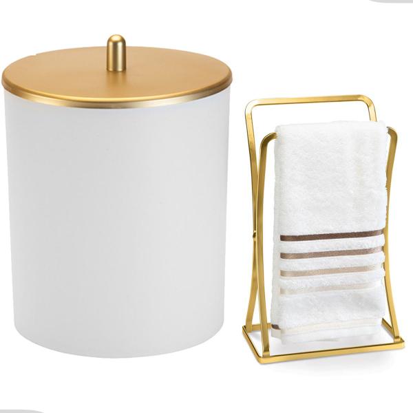 Imagem de Kit Acessorios Lavabo Lixeira Porta Toalha De Rosto Luxo Banheiro Dourado Arthi