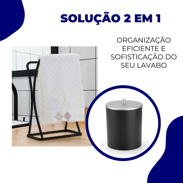 Imagem de Kit Acessorios Lavabo Lixeira Porta Toalha De Rosto Luxo Banheiro Preto Arthi