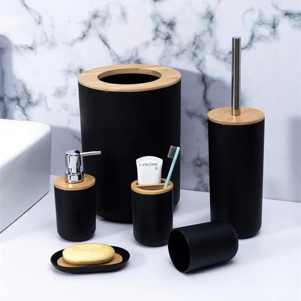 Imagem de Kit Acessórios Para Banheiro Conjunto de 6 Peças Para Lavabo Completo Design Moderno em Bambu e Plástico