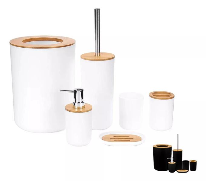 Imagem de Kit Acessórios Para Banheiro Conjunto de 6 Peças Para Lavabo Completo Design Moderno em Bambu e Plástico
