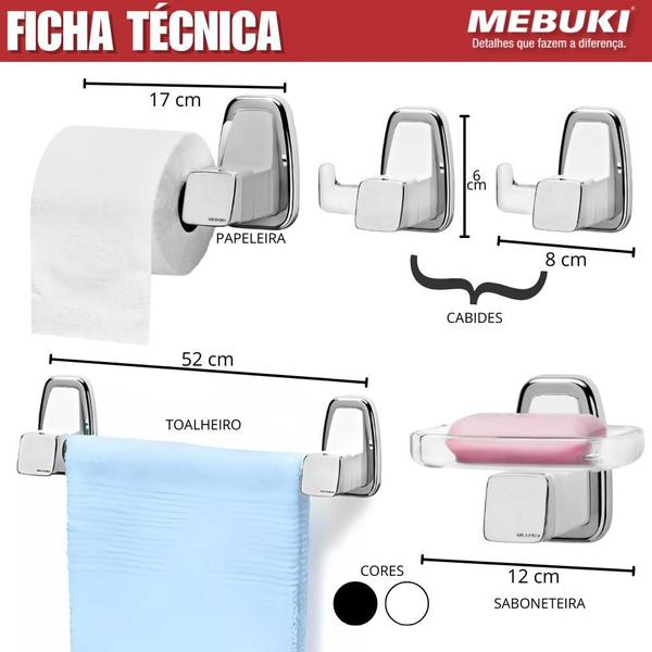 Imagem de Kit Acessórios Para Banheiro Porta-Papel Higiênico Saboneteira Cabides Toalheiro 5 Peças Línea Max Design Moderno Europeu Branco e Preto Mebuki