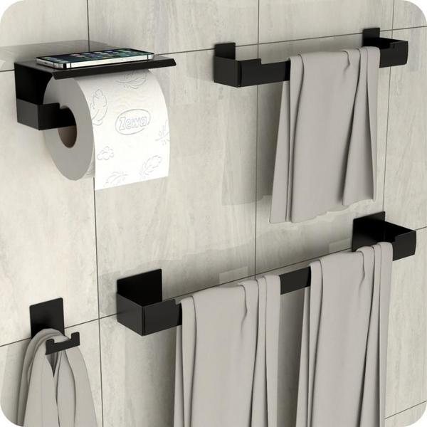 Kit Acessórios Para Banheiro Preto Adesivo 4pçs ELG - MetalCromo Imagem de Kit Acessórios Para Banheiro Preto Adesivo 4pçs ELG