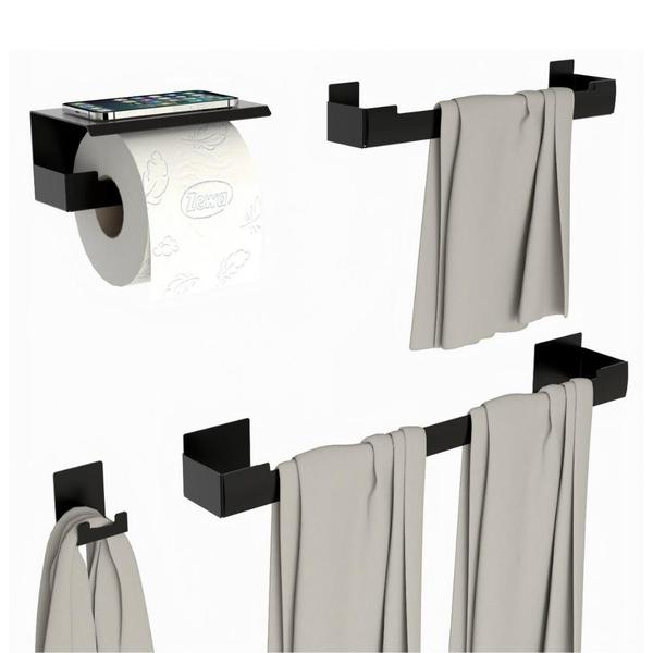Kit Acessórios Para Banheiro Preto Adesivo 4pçs ELG - MetalCromo Imagem de Kit Acessórios Para Banheiro Preto Adesivo 4pçs ELG