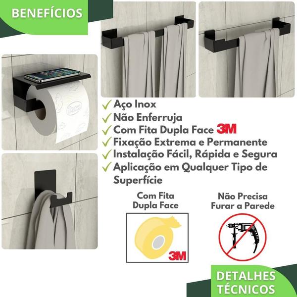 Kit Acessórios Para Banheiro Preto Adesivo 4pçs ELG - MetalCromo Imagem de Kit Acessórios Para Banheiro Preto Adesivo 4pçs ELG