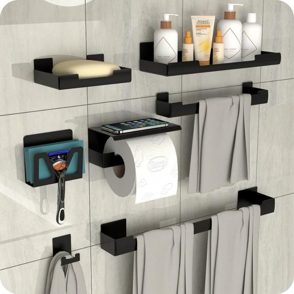 Kit Acessórios Para Banheiro Preto Adesivo 7pçs ELG - HomeFull Imagem de Kit Acessórios Para Banheiro Preto Adesivo 7pçs ELG