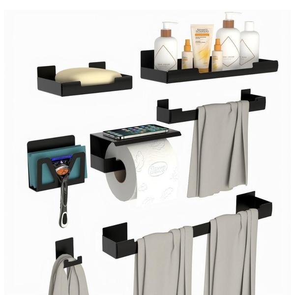 Kit Acessórios Para Banheiro Preto Adesivo 7pçs ELG - HomeFull Imagem de Kit Acessórios Para Banheiro Preto Adesivo 7pçs ELG