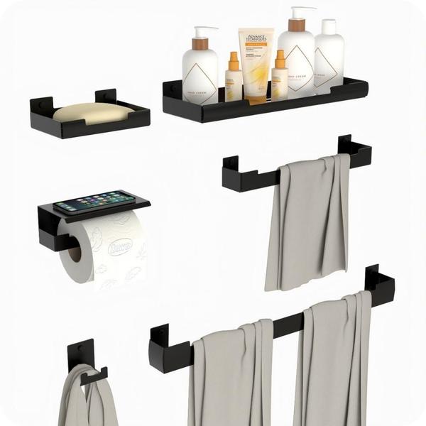 Imagem de Kit Acessórios Para Banheiro Preto Fosco 6 Peças ELG