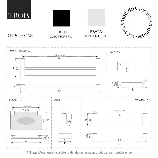 Imagem de Kit Acessórios Para Banheiro Troia 5 Peças Preto 2090TR Grego Metal