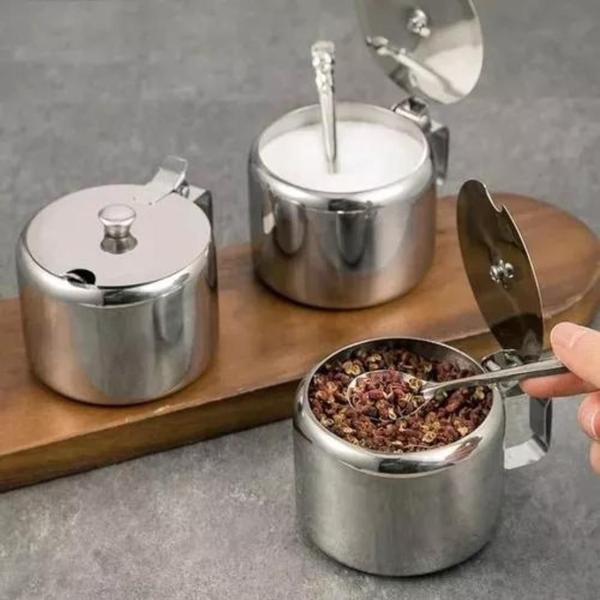 Imagem de Kit Açucareiro Aço Inox Metálico Com Alça Tampa E Colher Kehome 300ml Prata Para Cozinha - 30 Peças