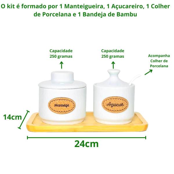 Imagem de Kit Açucareiro e Manteigueira Francesa Porcelana Branca 1 Linha com Base Bambu