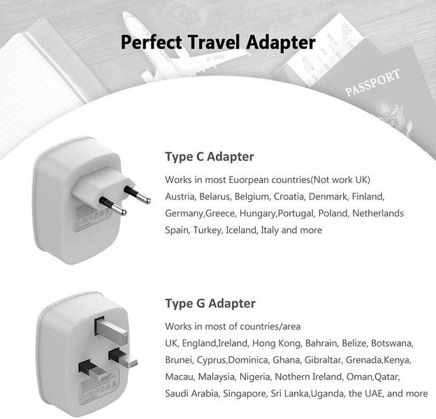 Imagem de Kit adaptador de plugue de viagem TESSAN All European com 2 USB tipo C/G