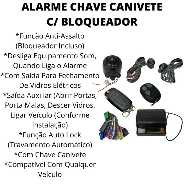 Imagem de Kit Alarme Automotivo Com Chave Canivete Sirene E Bloqueador Módulo Central Rearme Automático Função Anti Assalto