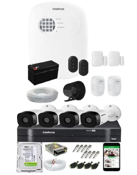 Imagem de Kit Alarme Residencial c/ 4 Sensor Via App E Kit Cftv 4 Câmeras Intelbras 20m completo c/Hd