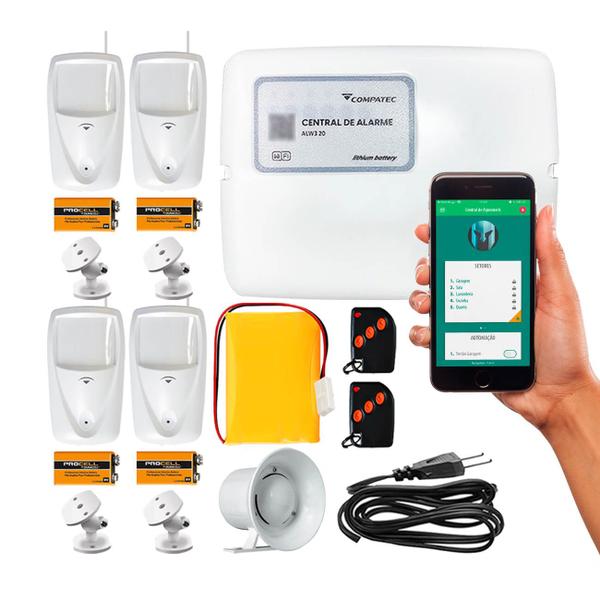 Imagem de Kit Alarme Sem Fio Compatec AW3 Wifi App iOS Android 4 Sensores