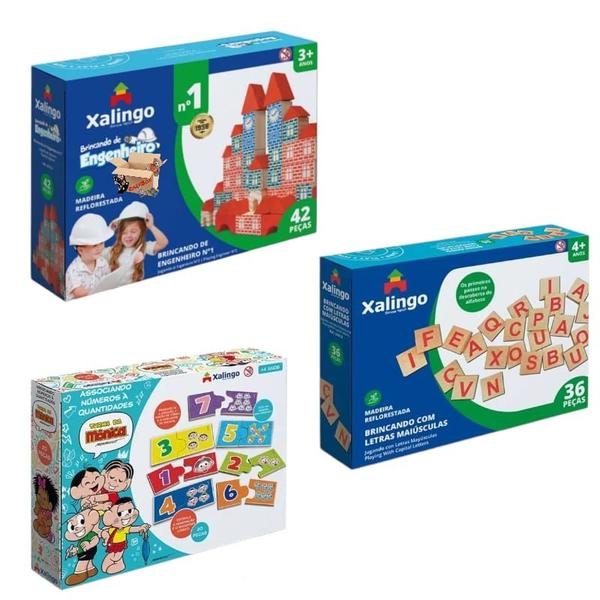 Imagem de Kit Alfabetização Brinquedo Pedagógico Educativos Em Madeira Blocos, Alfabeto e Números - Xalingo