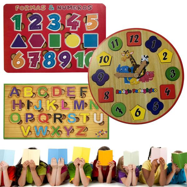 Kit Alfabeto Divertido,Formas e Números e Relógio Pedagógico - TRALALA Imagem de Kit Alfabeto Divertido,Formas e Números e Relógio Pedagógico