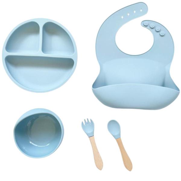 Imagem de Kit Alimentação Bebê Em Silicone Prato Com Divisória + Tigela Bowl Ventosa + Babador Cata Migalhas E Talheres Em Bambu