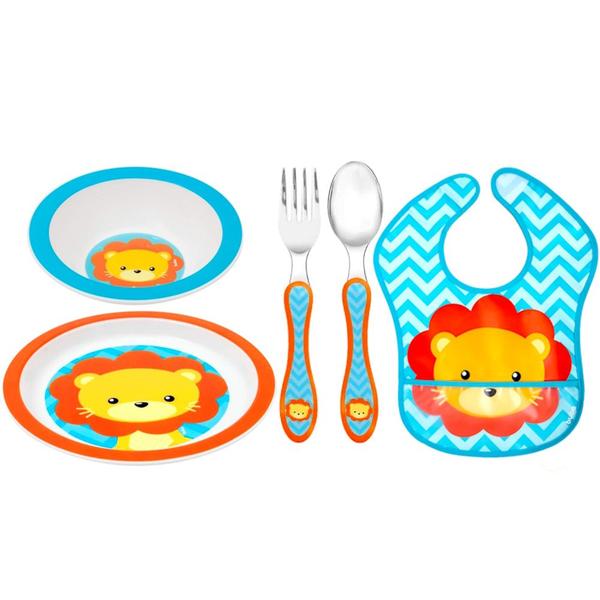 Kit Alimentação Bebê Leão Garfo Colher Babador 2 Pratos Buba Imagem de Kit Alimentação Bebê Leão Garfo Colher Babador 2 Pratos Buba