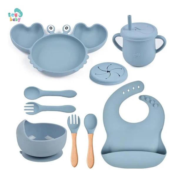 Imagem de kit ALIMENTAÇÃO BEBE SILICONE 8PEÇAS PRATO TALHER COPO BABADOR 