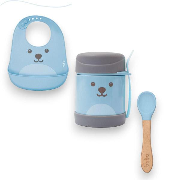 Imagem de Kit alimentacao colher bambu com pote termico e babador introdução alimentar infantil bebe versátil