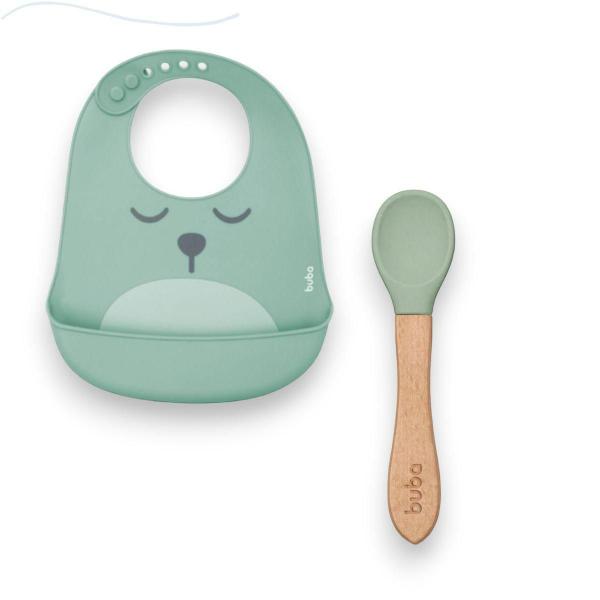 Kit alimentacao colher silicone e bambu e babador introdução alimentar infantil bebe versátil - Buba Imagem de Kit alimentacao colher silicone e bambu e babador introdução alimentar infantil bebe versátil
