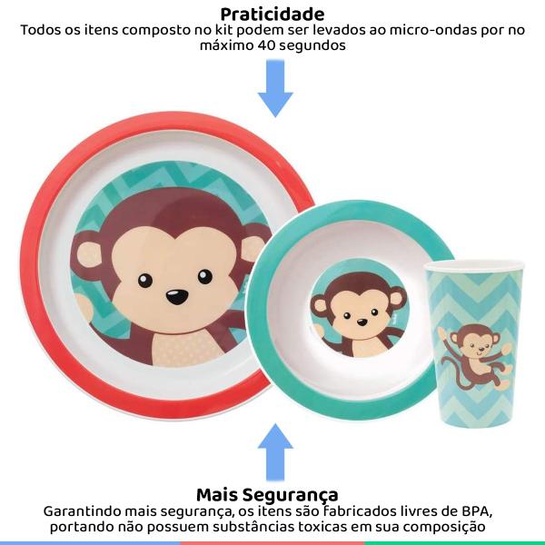 Imagem de Kit Alimentação do Bebê Prato Tigela e Copo Livre de BPA Animal Fun Macaco Buba