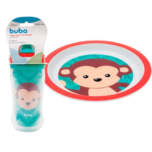 Imagem de Kit Alimentação Infantil 2 Peças Pratinho e Copo Parade Dupla 320ml Animal Fun Macaco Buba