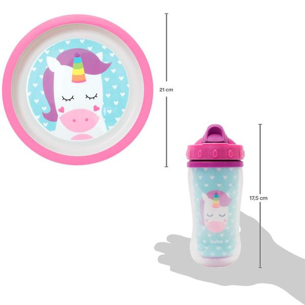 Imagem de Kit Alimentação Infantil 2 Peças Pratinho e Copo Parade Dupla 320ml Animal Fun Unicórnio Buba