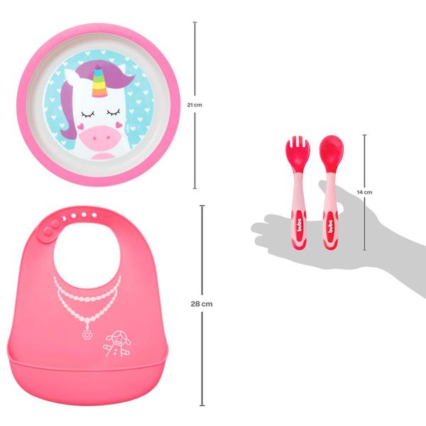 Imagem de Kit Alimentação Infantil 3 Peças Talher Babador Rosa e Pratinho Animal Fun Unicórnio Buba