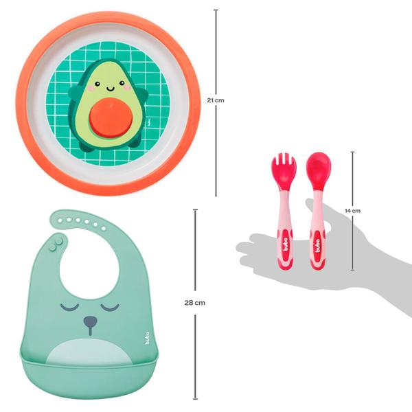 Imagem de Kit Alimentação Infantil 3 Peças Talher Babador Verde e Pratinho Frutti Abacate Buba